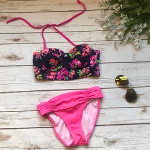 Delias Womens Navy Blue Floral & Neon Pink Bikini